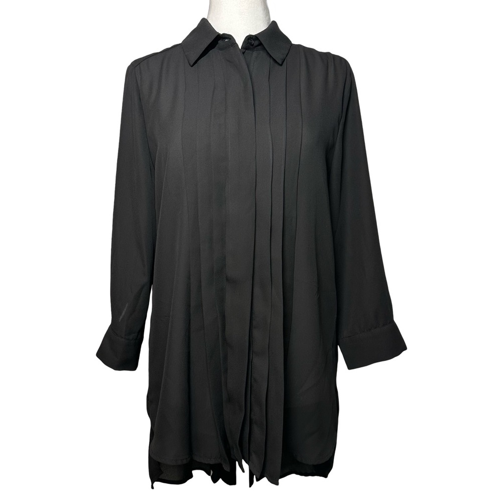 Joan Vass Studio Black Semi Sheer Tuxedo Pleated Oversized Blouse Size Medium